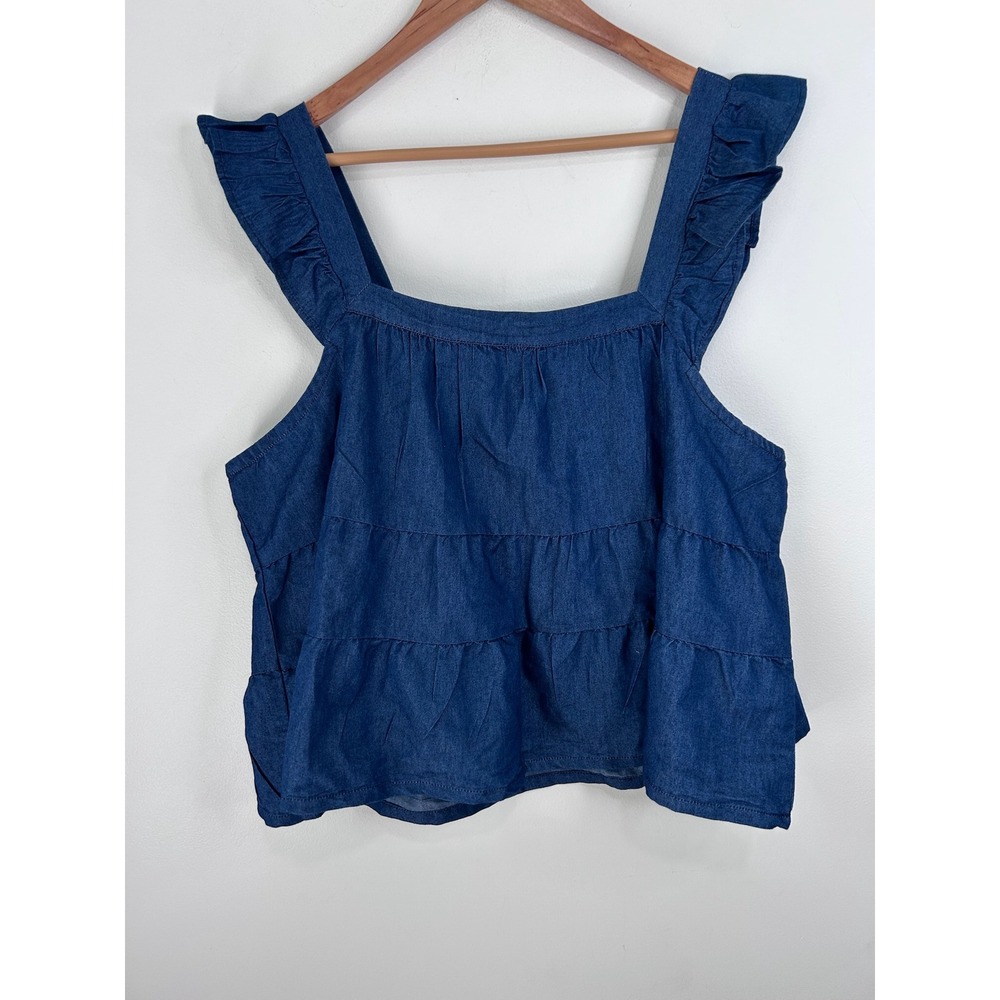 Derek Heart Womens 2X Blue Denim Tiered Ruffle Babydoll Tank Top Chambray‎ Boho